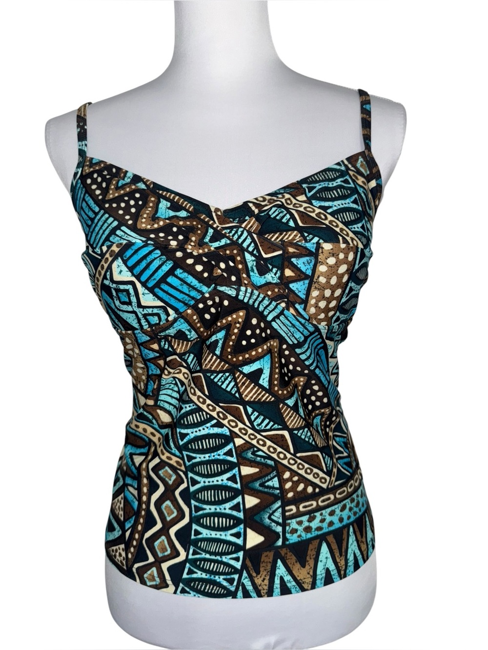 Croft & Barrow Size 12 Tribal Geometric‎ Tankini Swim Top Teal Brown Y2K Boho